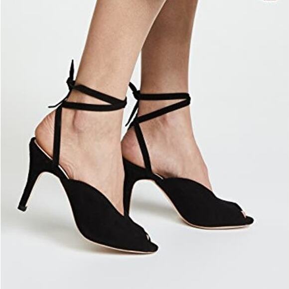 Loeffler Randall Mila Black Suede Wrap Heels Sandals Peep Toe Size 9 Preowned - Picture 1 of 10